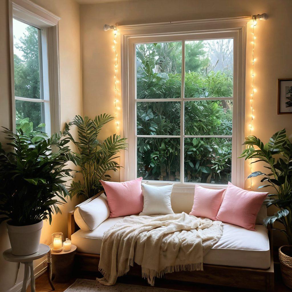 A serene sanctuary featuring a cozy reading nook with plush cushions, surrounded by vibrant plants and soft, glowing fairy lights. Include a window with sunlight streaming in, casting warm shadows, and a calming color palette of pastels to evoke happiness. A small fountain or a gentle stream adds a tranquil sound element to the scene. Overall, create a feeling of peace and personal joy. painting. vibrant colors. natural light.