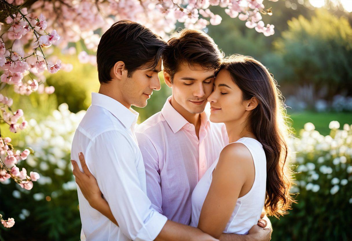 A serene couple interlocked in an intimate embrace, surrounded by soft, warm light that symbolizes connection and pleasure. Delicate petals fall around them, representing the blossoming of intimacy. A peaceful landscape in the background suggests tranquility and contentment. The scene should evoke feelings of warmth and love, inviting the viewer to explore deeper connections. soft-focus, romantic lighting, pastel colors.
