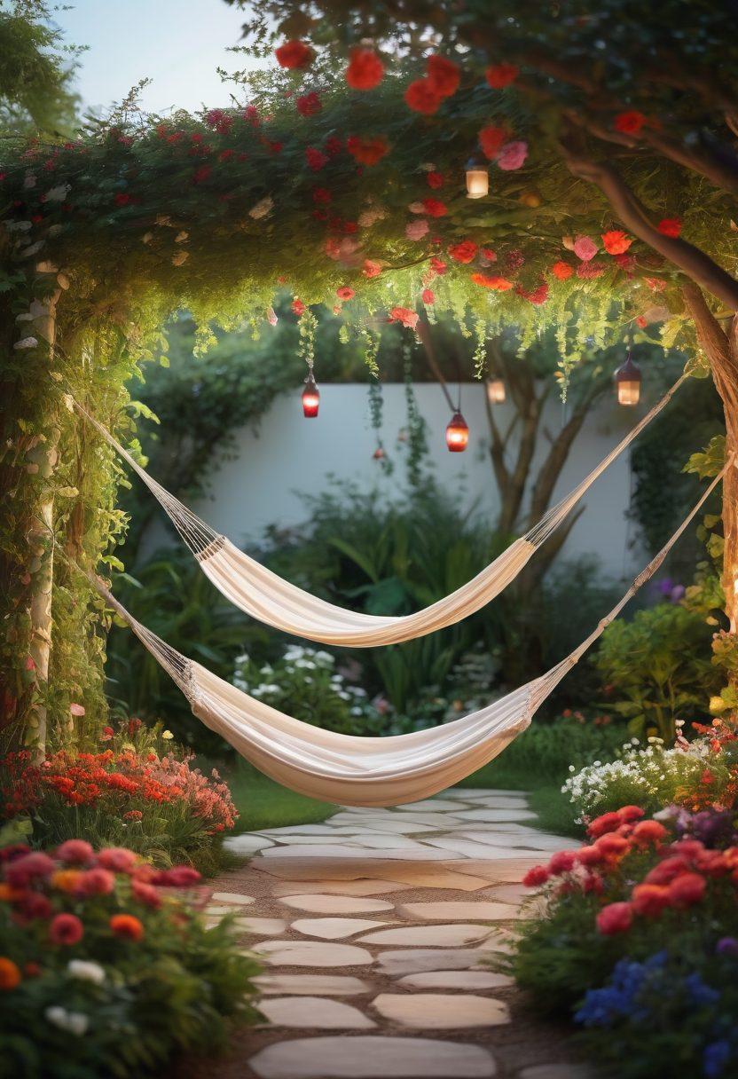A serene private garden setting with a couple enjoying a cozy moment together, surrounded by vibrant flowers and soft lighting. Include a hammock swinging gently under a tree, symbolizing bliss and intimacy. Capture their warm smiles and the peaceful atmosphere. Focus on nature's beauty as a backdrop for happiness. super-realistic. vibrant colors. tranquil ambiance.